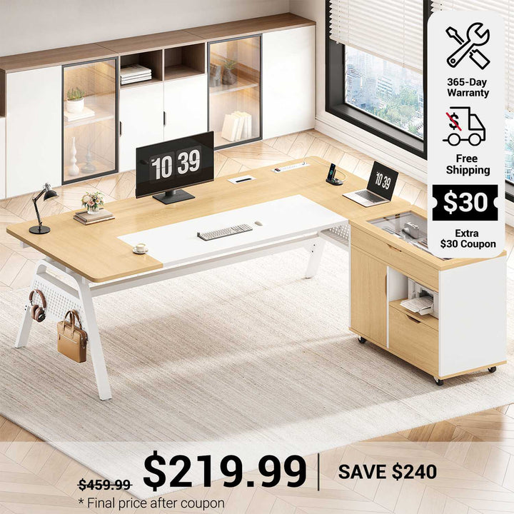 SEDETA 63 Inch Executive Desk with Movable File Cabinet Office Desk with 4 Hooks Power Outlet Computer Desk with Privacy Baffle for Home Office