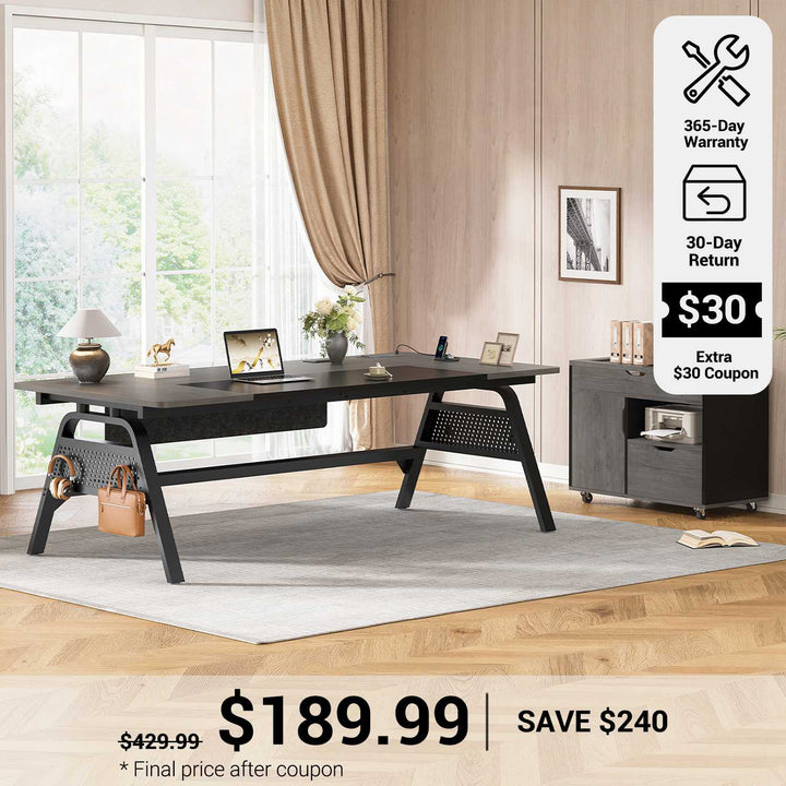 SEDETA® 63 Inch Modern Office Desk with 4 Hooks Power Outlet Computer Desk with Privacy Baffle Executive Desk with Movable File Cabinet for Home Office