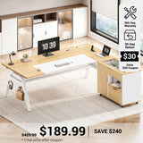 SEDETA® 63 Inch Modern Office Desk with 4 Hooks Power Outlet Computer Desk with Privacy Baffle Executive Desk with Movable File Cabinet for Home Office
