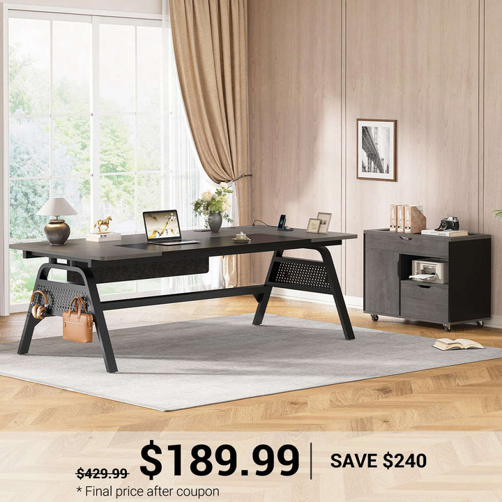 SEDETA® 63 Inch Modern Office Desk with 4 Hooks Power Outlet Computer Desk with Privacy Baffle Executive Desk with Movable File Cabinet for Home Office