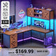 SEDETA® 62.2 Inch Farmhouse L Shaped Gaming Desk with LED Lights Hutch Reversible Computer Desk with Power Outlet Two Person Corner Desk with Storage Shelves
