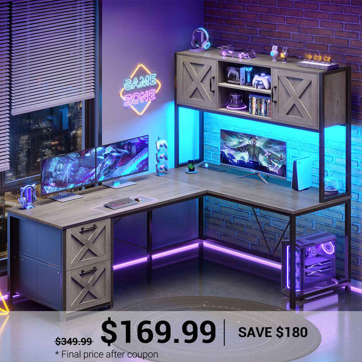 SEDETA® 62.2 Inch Farmhouse L Shaped Gaming Desk with LED Lights Hutch Reversible Computer Desk with Power Outlet Two Person Corner Desk with Storage Shelves