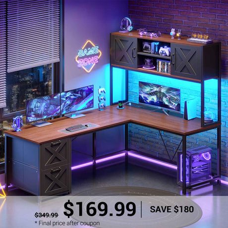 SEDETA | 62.2 Inch Reversible Computer Desk with Power Outlet L Shaped Gaming Desk with LED Lights Two Person Corner Desk with Storage Shelves