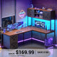 SEDETA® 62.2 Inch Farmhouse L Shaped Gaming Desk with LED Lights Hutch Reversible Computer Desk with Power Outlet Two Person Corner Desk with Storage Shelves