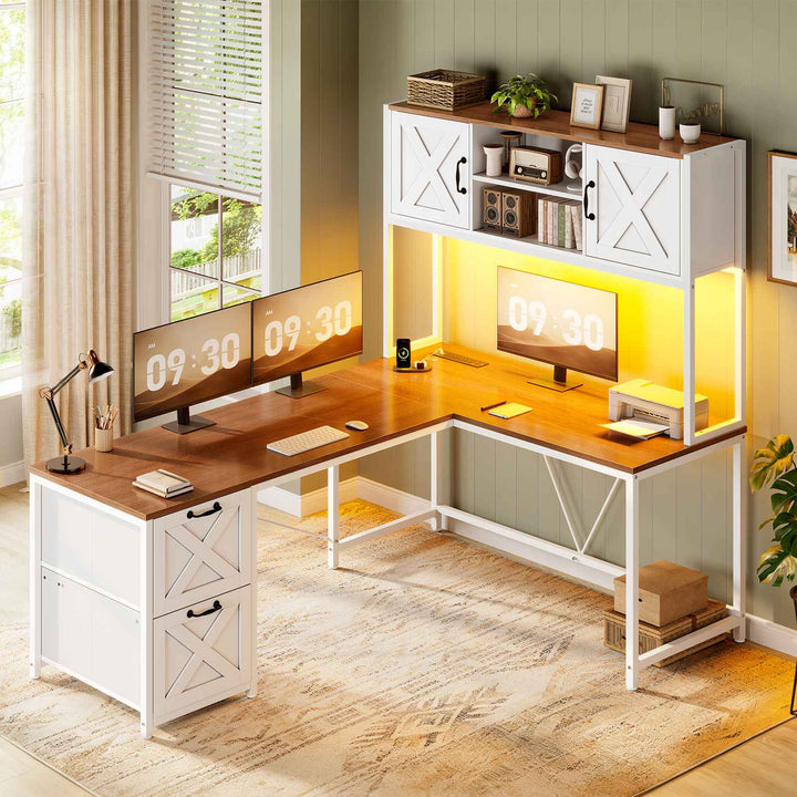 SEDETA® 62.2 Inch Farmhouse L Shaped Gaming Desk with LED Lights Hutch Reversible Computer Desk with Power Outlet Two Person Corner Desk with Storage Shelves