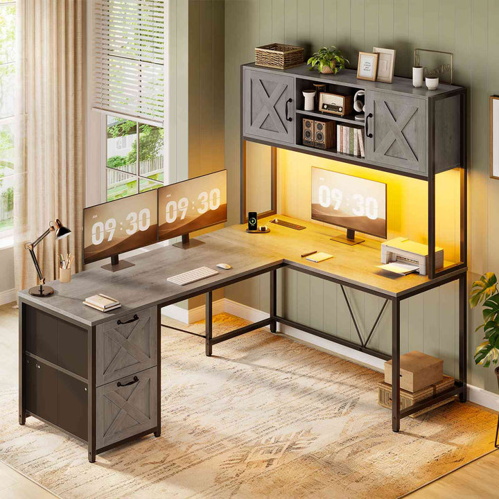 SEDETA® 62.2 Inch Farmhouse L Shaped Gaming Desk with LED Lights Hutch Reversible Computer Desk with Power Outlet Two Person Corner Desk with Storage Shelves