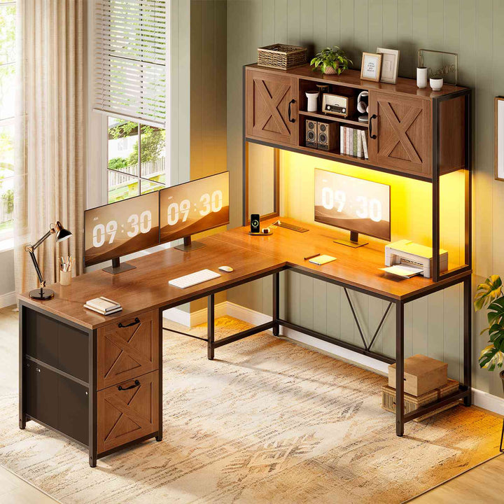 SEDETA® 62.2 Inch Farmhouse L Shaped Gaming Desk with LED Lights Hutch Reversible Computer Desk with Power Outlet Two Person Corner Desk with Storage Shelves