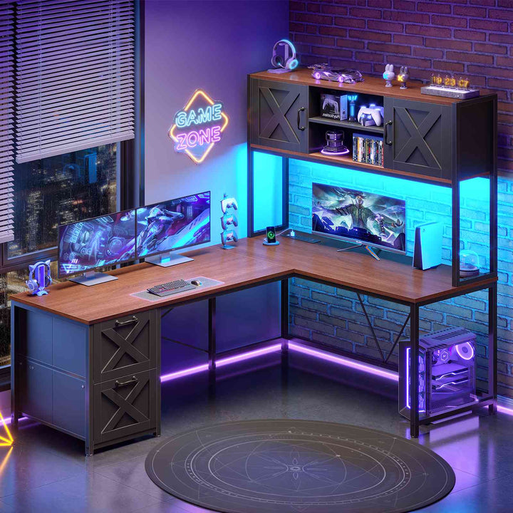 SEDETA® 62.2 Inch Farmhouse L Shaped Gaming Desk with LED Lights Hutch Reversible Computer Desk with Power Outlet Two Person Corner Desk with Storage Shelves