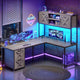 SEDETA® 62.2 Inch Farmhouse L Shaped Gaming Desk with LED Lights Hutch Reversible Computer Desk with Power Outlet Two Person Corner Desk with Storage Shelves