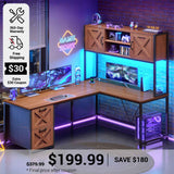 SEDETA 62.2 Inch Farmhouse L Shaped Gaming Desk with Hutch Reversible Computer Desk with Power Outlet Hutch for Home Office Two Person Corner Desk with Storage Shelves