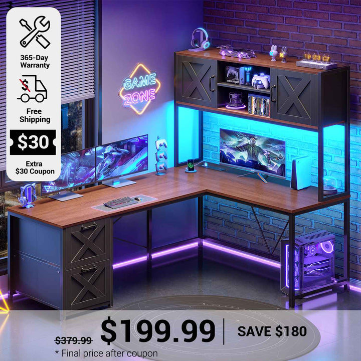SEDETA 62.2 Inch Farmhouse L Shaped Gaming Desk with Hutch Reversible Computer Desk with Power Outlet Hutch for Home Office Two Person Corner Desk with Storage Shelves