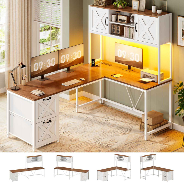 SEDETA® 62.2 Inch Farmhouse L Shaped Gaming Desk with LED Lights Hutch Reversible Computer Desk with Power Outlet Two Person Corner Desk with Storage Shelves