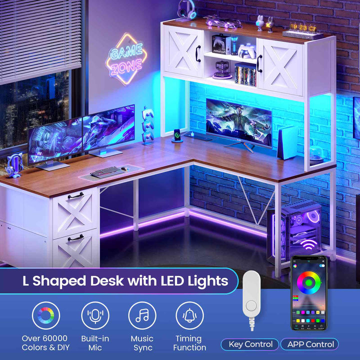 SEDETA® 62.2 Inch Farmhouse L Shaped Gaming Desk with LED Lights Hutch Reversible Computer Desk with Power Outlet Two Person Corner Desk with Storage Shelves