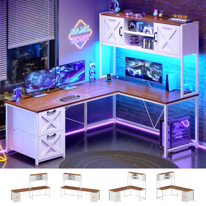 SEDETA® 62.2 Inch Farmhouse L Shaped Gaming Desk with LED Lights Hutch Reversible Computer Desk with Power Outlet Two Person Corner Desk with Storage Shelves