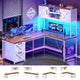 SEDETA® 62.2 Inch Farmhouse L Shaped Gaming Desk with LED Lights Hutch Reversible Computer Desk with Power Outlet Two Person Corner Desk with Storage Shelves