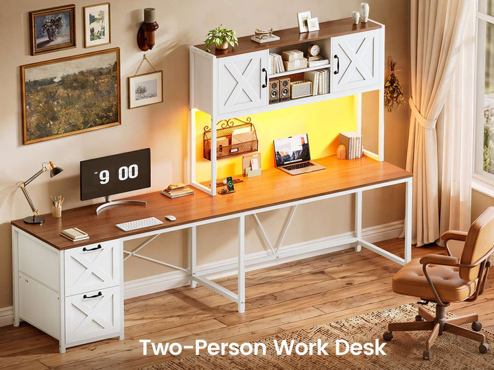 SEDETA® 62.2 Inch Farmhouse L Shaped Gaming Desk with LED Lights Hutch Reversible Computer Desk with Power Outlet Two Person Corner Desk with Storage Shelves