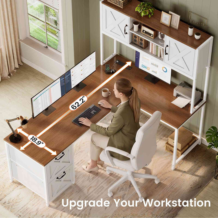 SEDETA® 62.2 Inch Farmhouse L Shaped Gaming Desk with LED Lights Hutch Reversible Computer Desk with Power Outlet Two Person Corner Desk with Storage Shelves