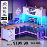 SEDETA 62.2 Inch Farmhouse L Shaped Gaming Desk with Hutch Reversible Computer Desk with Power Outlet Hutch for Home Office Two Person Corner Desk with Storage Shelves