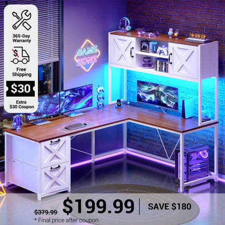SEDETA 62.2 Inch Farmhouse L Shaped Gaming Desk with Hutch Reversible Computer Desk with Power Outlet Hutch for Home Office Two Person Corner Desk with Storage Shelves