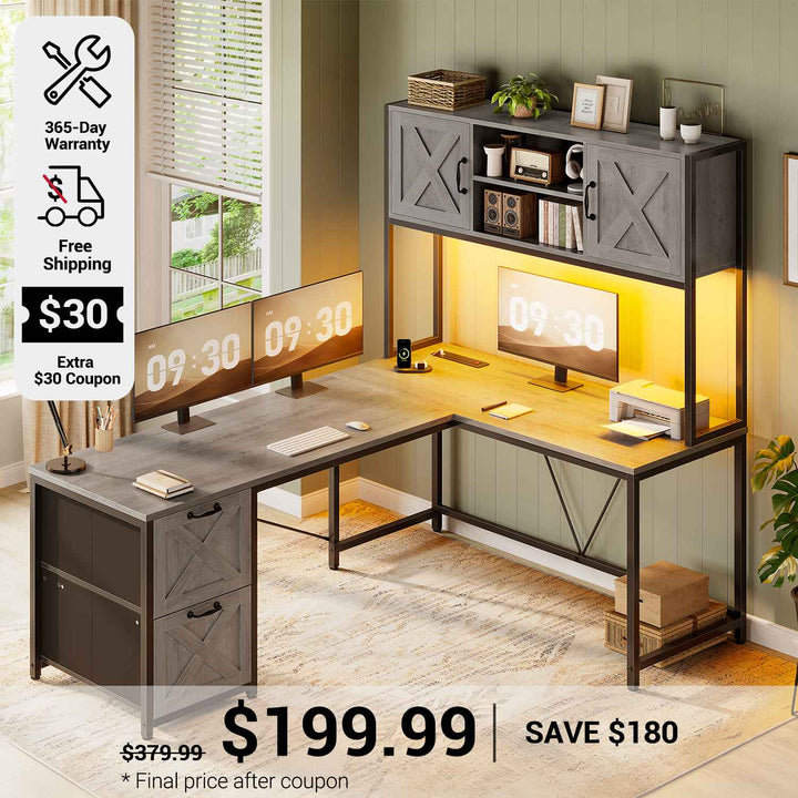SEDETA 62.2 Inch Farmhouse L Shaped Gaming Desk with Hutch Reversible Computer Desk with Power Outlet Hutch for Home Office Two Person Corner Desk with Storage Shelves