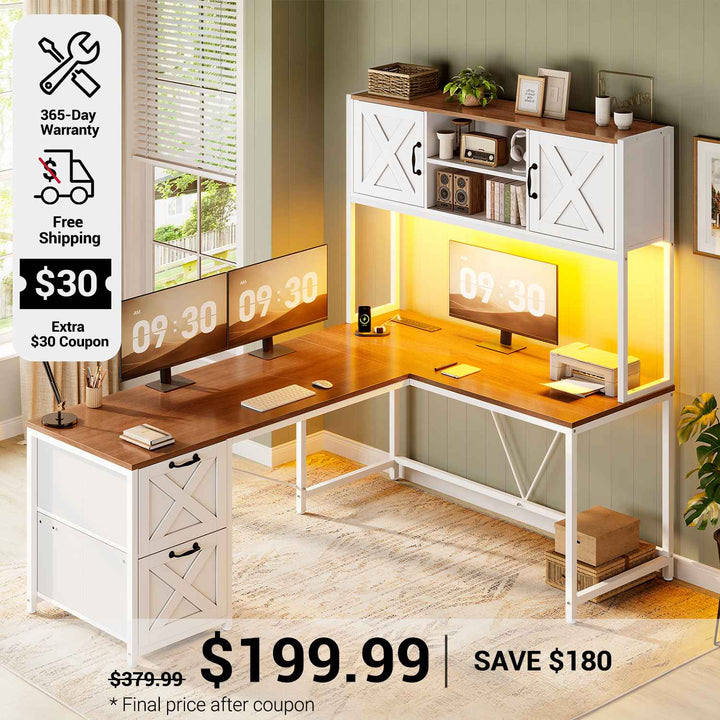 SEDETA 62.2 Inch Farmhouse L Shaped Gaming Desk with Hutch Reversible Computer Desk with Power Outlet Hutch for Home Office Two Person Corner Desk with Storage Shelves