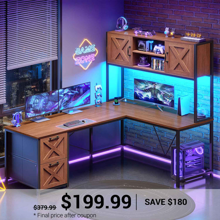 SEDETA 62.2 Inch Farmhouse L Shaped Gaming Desk with Hutch Reversible Computer Desk with Power Outlet Hutch for Home Office Two Person Corner Desk with Storage Shelves