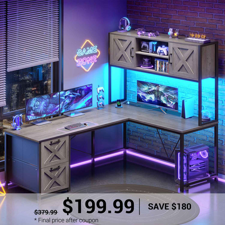 SEDETA 62.2 Inch Farmhouse L Shaped Gaming Desk with Hutch Reversible Computer Desk with Power Outlet Hutch for Home Office Two Person Corner Desk with Storage Shelves