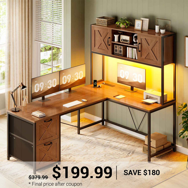 SEDETA 62.2 Inch Farmhouse L Shaped Gaming Desk with Hutch Reversible Computer Desk with Power Outlet Hutch for Home Office Two Person Corner Desk with Storage Shelves