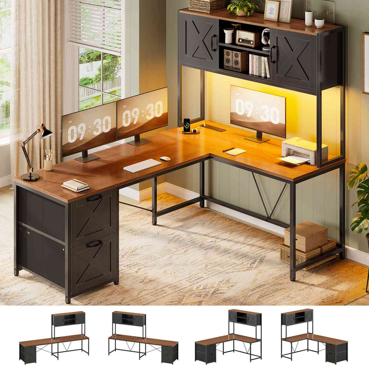 SEDETA® 62.2 Inch Farmhouse L Shaped Gaming Desk with LED Lights Hutch Reversible Computer Desk with Power Outlet Two Person Corner Desk with Storage Shelves