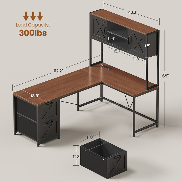 SEDETA® 62.2 Inch Farmhouse L Shaped Gaming Desk with LED Lights Hutch Reversible Computer Desk with Power Outlet Two Person Corner Desk with Storage Shelves