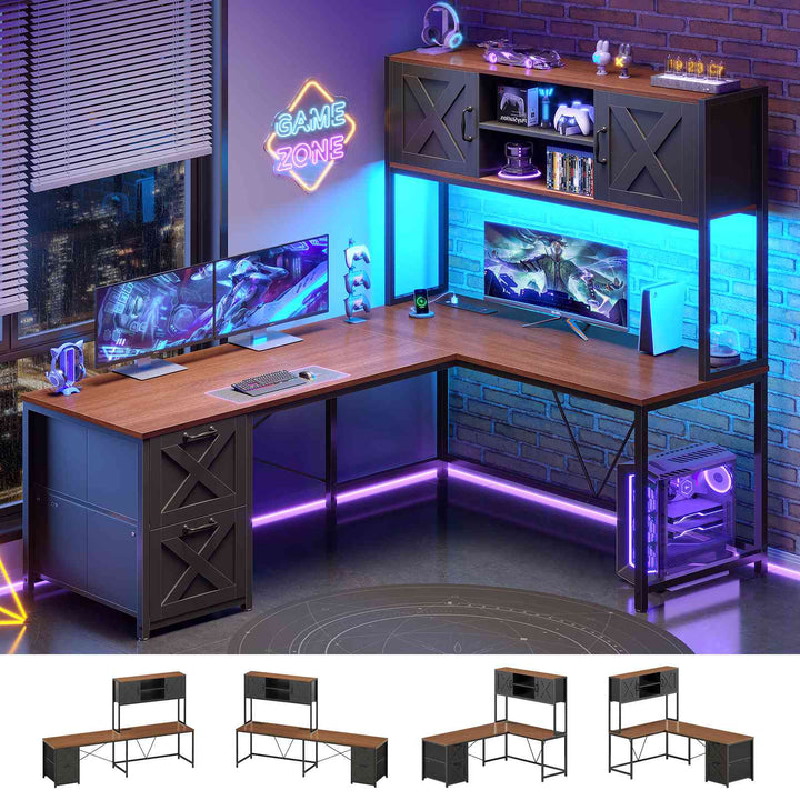 SEDETA® 62.2 Inch Farmhouse L Shaped Gaming Desk with LED Lights Hutch Reversible Computer Desk with Power Outlet Two Person Corner Desk with Storage Shelves
