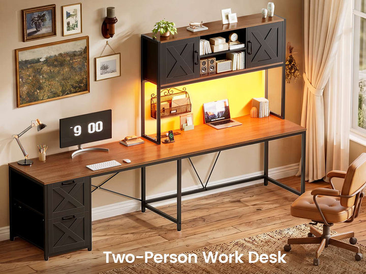 SEDETA® 62.2 Inch Farmhouse L Shaped Gaming Desk with LED Lights Hutch Reversible Computer Desk with Power Outlet Two Person Corner Desk with Storage Shelves