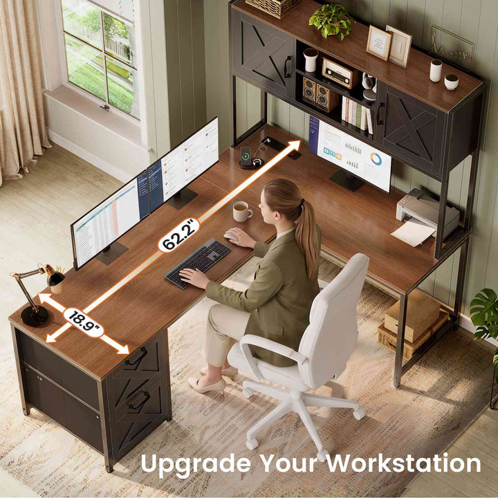 SEDETA® 62.2 Inch Farmhouse L Shaped Gaming Desk with LED Lights Hutch Reversible Computer Desk with Power Outlet Two Person Corner Desk with Storage Shelves
