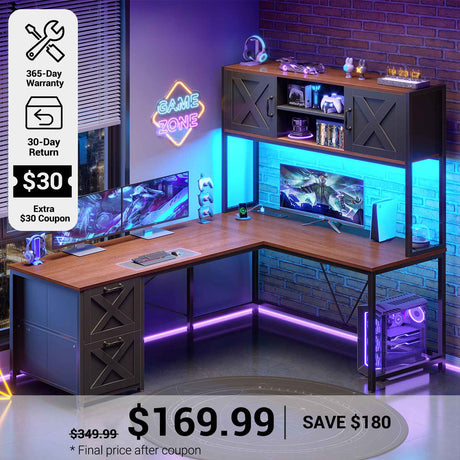 SEDETA® 62.2 Inch Farmhouse L Shaped Gaming Desk with LED Lights Hutch Reversible Computer Desk with Power Outlet Two Person Corner Desk with Storage Shelves