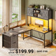 SEDETA 62.2 Inch Farmhouse L Shaped Gaming Desk with Hutch Reversible Computer Desk with Power Outlet Hutch for Home Office Two Person Corner Desk with Storage Shelves