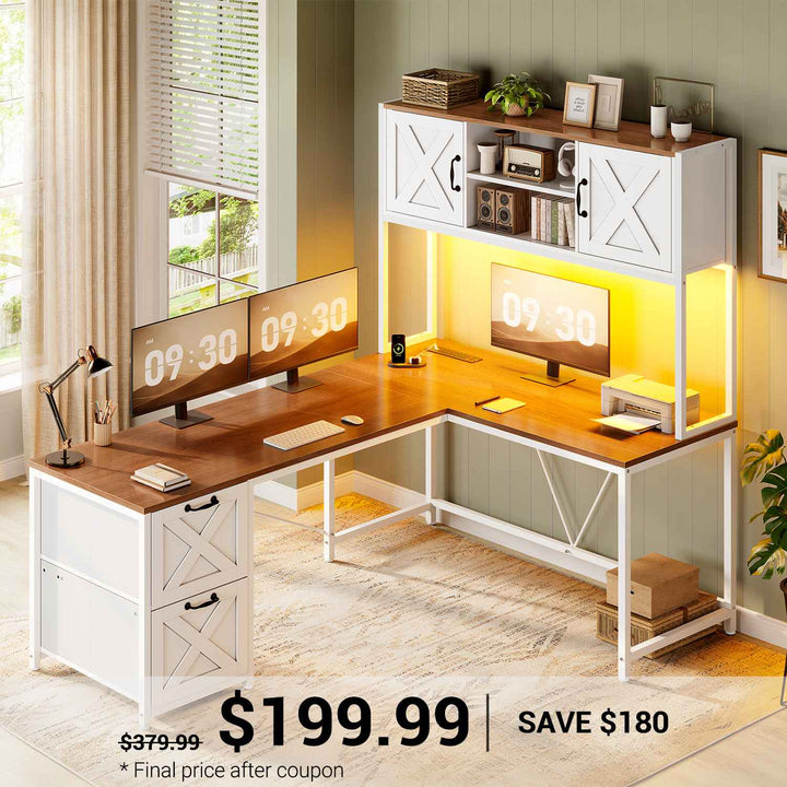 SEDETA 62.2 Inch Farmhouse L Shaped Gaming Desk with Hutch Reversible Computer Desk with Power Outlet Hutch for Home Office Two Person Corner Desk with Storage Shelves