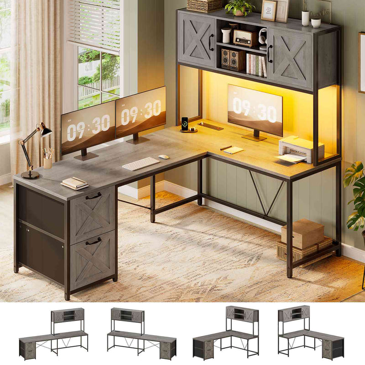 SEDETA® 62.2 Inch Farmhouse L Shaped Gaming Desk with LED Lights Hutch Reversible Computer Desk with Power Outlet Two Person Corner Desk with Storage Shelves