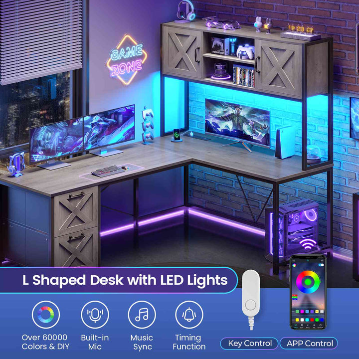 SEDETA® 62.2 Inch Farmhouse L Shaped Gaming Desk with LED Lights Hutch Reversible Computer Desk with Power Outlet Two Person Corner Desk with Storage Shelves