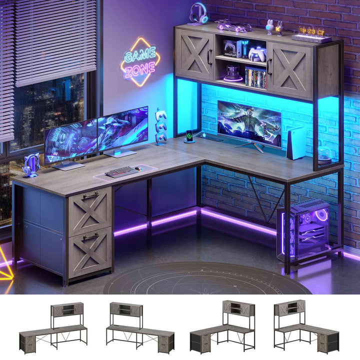 SEDETA® 62.2 Inch Farmhouse L Shaped Gaming Desk with LED Lights Hutch Reversible Computer Desk with Power Outlet Two Person Corner Desk with Storage Shelves