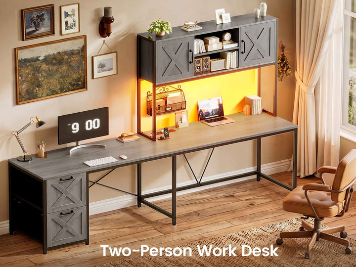 SEDETA® 62.2 Inch Farmhouse L Shaped Gaming Desk with LED Lights Hutch Reversible Computer Desk with Power Outlet Two Person Corner Desk with Storage Shelves