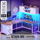 SEDETA® 62.2 Inch Farmhouse L Shaped Gaming Desk with LED Lights Hutch Reversible Computer Desk with Power Outlet Two Person Corner Desk with Storage Shelves