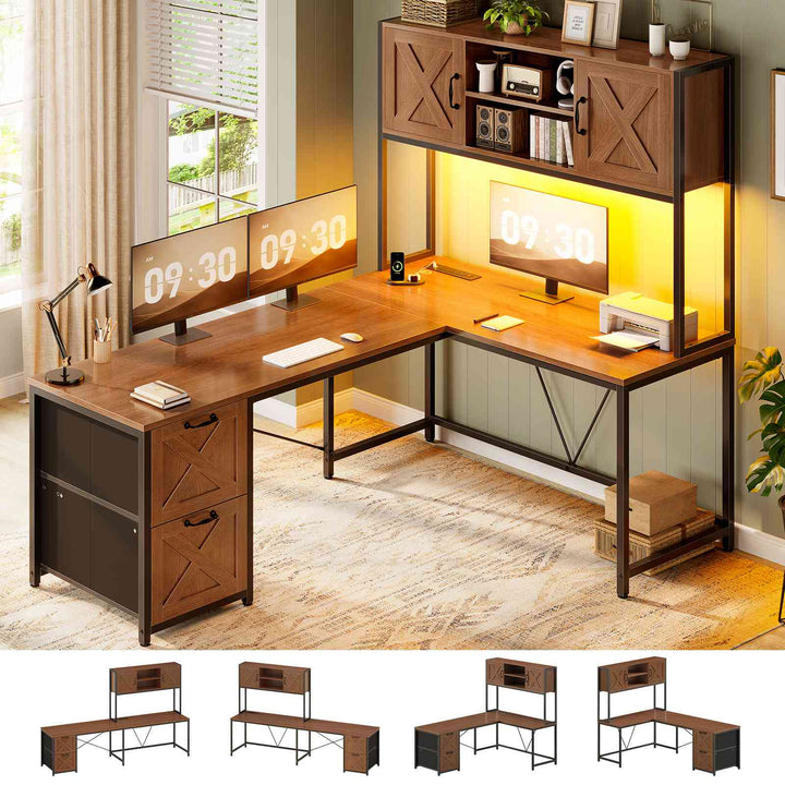 SEDETA® 62.2 Inch Farmhouse L Shaped Gaming Desk with LED Lights Hutch Reversible Computer Desk with Power Outlet Two Person Corner Desk with Storage Shelves