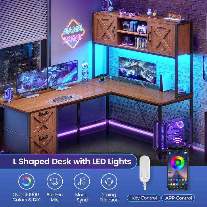SEDETA® 62.2 Inch Farmhouse L Shaped Gaming Desk with LED Lights Hutch Reversible Computer Desk with Power Outlet Two Person Corner Desk with Storage Shelves