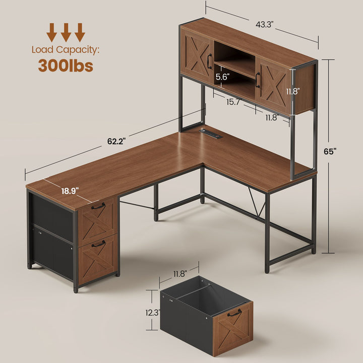 SEDETA® 62.2 Inch Farmhouse L Shaped Gaming Desk with LED Lights Hutch Reversible Computer Desk with Power Outlet Two Person Corner Desk with Storage Shelves