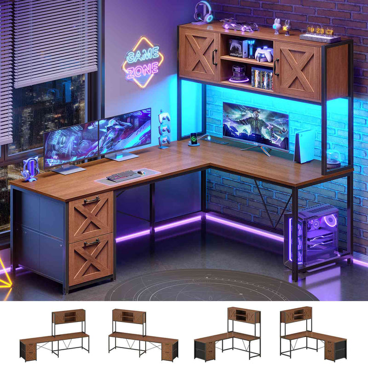 SEDETA® 62.2 Inch Farmhouse L Shaped Gaming Desk with LED Lights Hutch Reversible Computer Desk with Power Outlet Two Person Corner Desk with Storage Shelves