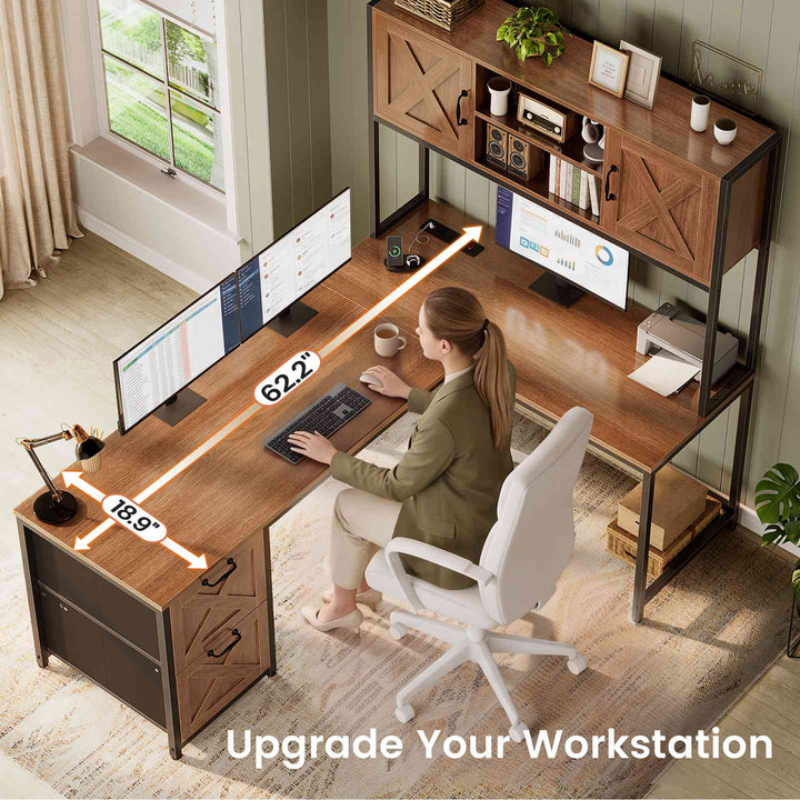 SEDETA® 62.2 Inch Farmhouse L Shaped Gaming Desk with LED Lights Hutch Reversible Computer Desk with Power Outlet Two Person Corner Desk with Storage Shelves
