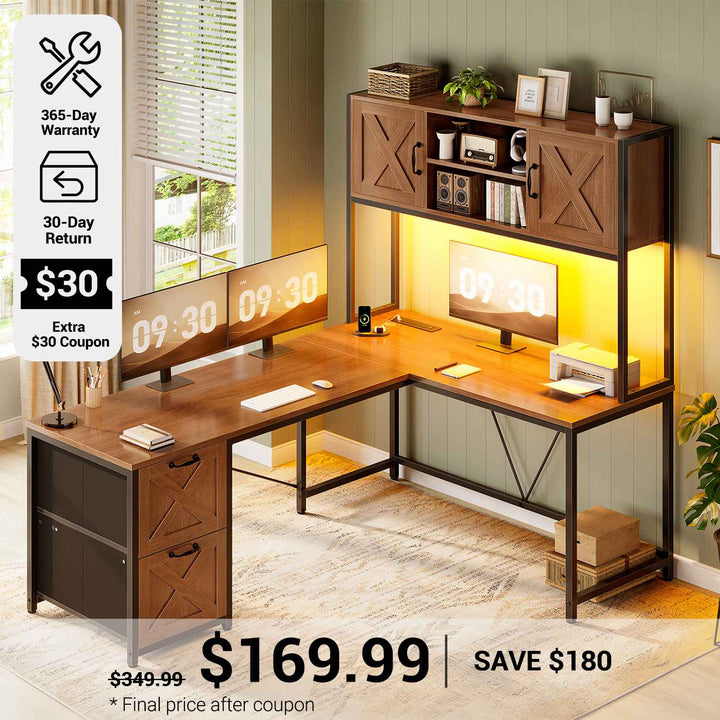 SEDETA® 62.2 Inch Farmhouse L Shaped Gaming Desk with LED Lights Hutch Reversible Computer Desk with Power Outlet Two Person Corner Desk with Storage Shelves