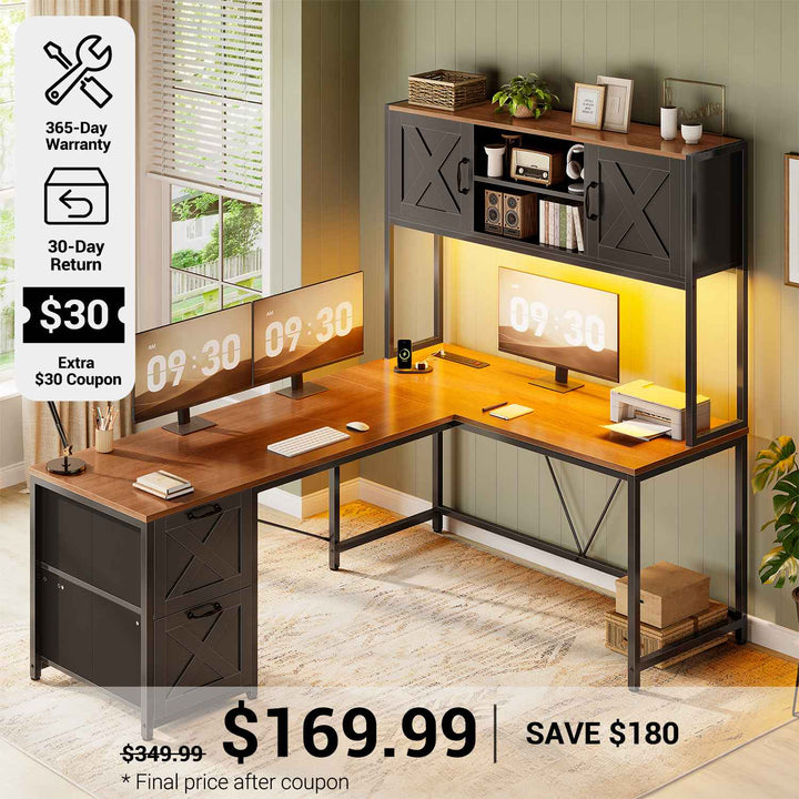 SEDETA® 62.2 Inch Farmhouse L Shaped Gaming Desk with LED Lights Hutch Reversible Computer Desk with Power Outlet Two Person Corner Desk with Storage Shelves