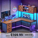 SEDETA® 62.2 Inch Farmhouse L Shaped Gaming Desk with LED Lights Hutch Reversible Computer Desk with Power Outlet Two Person Corner Desk with Storage Shelves