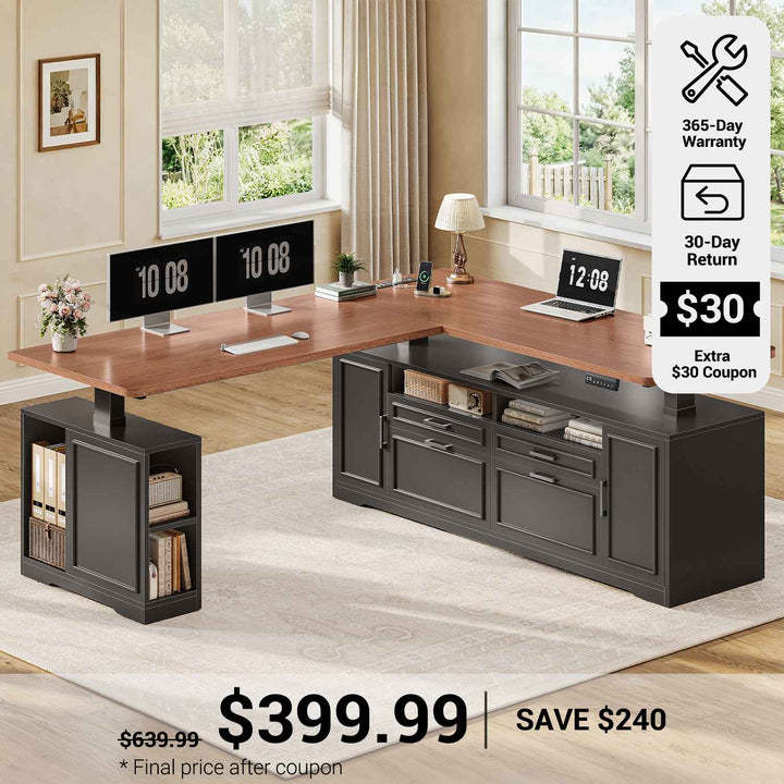 SEDETA® 69 Inch Height Adjustable Standing Desk with 4 Drawers L Shaped Electric  Office Executive Desk with Storage Shelves Sit Stand Computer Desk with Power Outlet